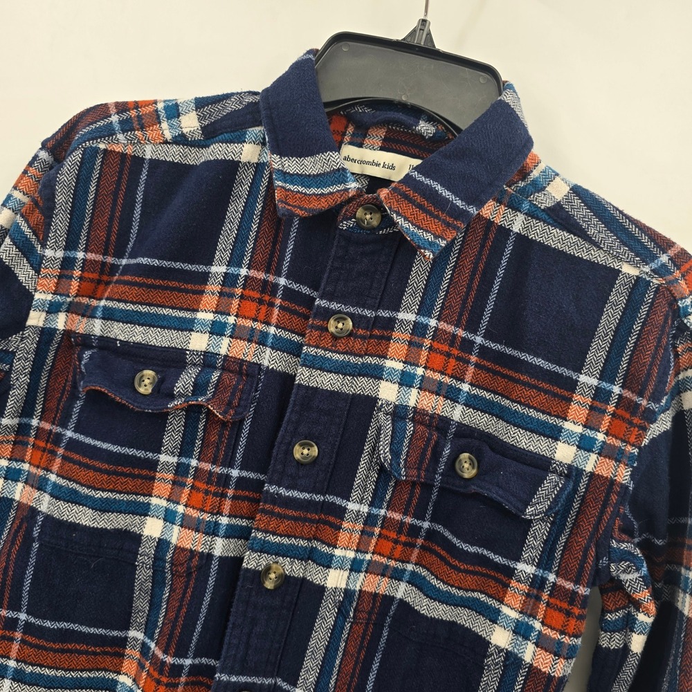 Abercrombie Flannel Kids 11/12 Navy Blue Orange Plaid Cotton Button Down Shirt